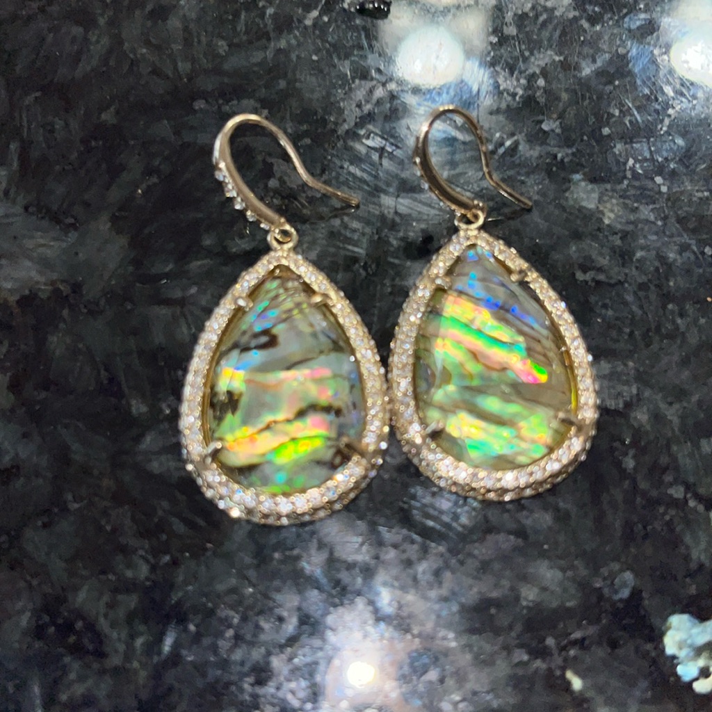 Abalone Large Shell Drop Earrings W Cz Dangle Gold Tone Vintage Look Earrings